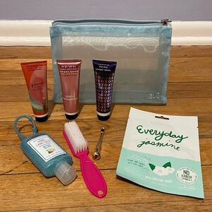 Lot of new beauty products with mesh makeup bag